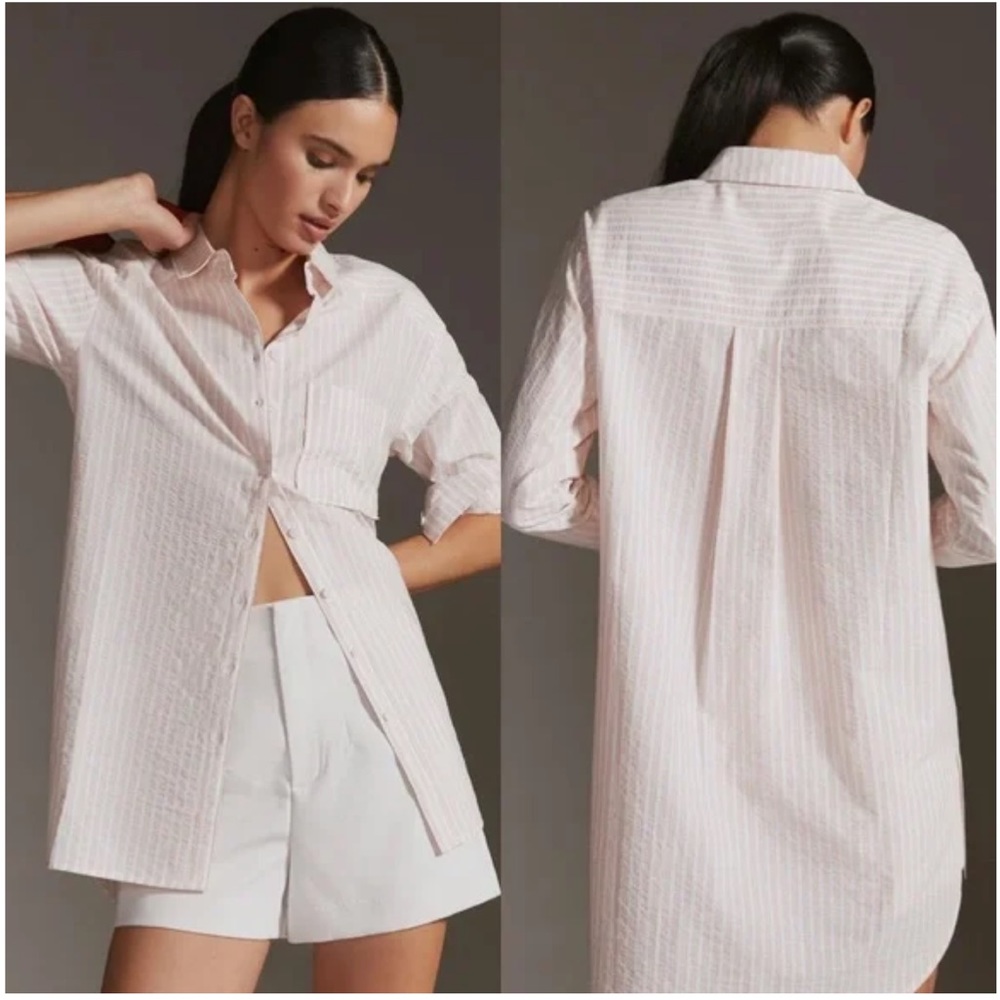 Anthropologie Longline ButtonDown Pink and White Striped Tunic Long Sleeve Shirt